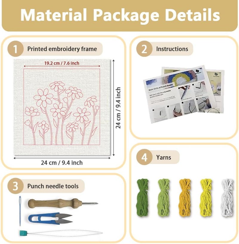 DOODLREAM Daisy Flower DIY Punch Needle Embroidery Kit for Adult Beginner, 9.4" Daisy Punch Stitching Craft Set for Starter with Frame, Fabric Pattern, Threader, Yarn, Pinch Needle - Image 2